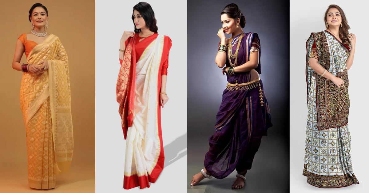 Four women wearing traditional Indian sarees in different regional styles, showcasing a variety of colors, designs, and draping styles.