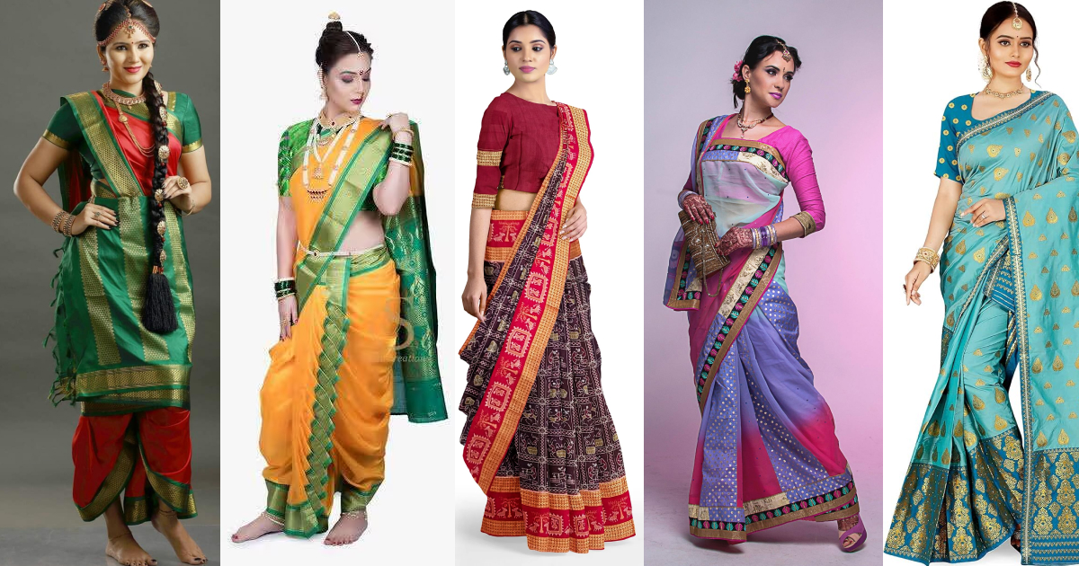 Five women dressed in traditional Indian sarees, each representing a unique regional style and color palette.