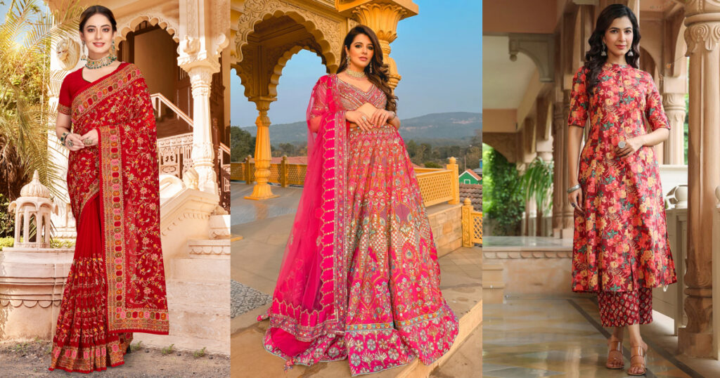 Colorful Kashni lehenga set with intricate embroidery.